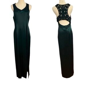 Vtg Jessica McClintock Satin Formal Gown 13/14 Green Backless‎ Sleeveless Dress